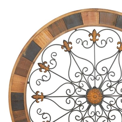 Wood Scroll Arabesque Wall Decor With Metal Fleur De Lis Relief Brown - Olivia & May 5 Wood Scroll Arabesque Wall Decor With Metal Fleur De Lis Relief Brown - Olivia & May - Image 5