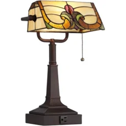 Robert Louis Tiffany Traditional Piano Banker Desk Table Lamp 17" High With AC Power Outlet Bronze Floral Art Glass Bedroom Office -Adesso Store GUEST 03ecdbab c402 4c36 b70f 3711b64ceb9f