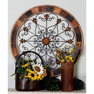 Wood Scroll Arabesque Wall Decor With Metal Fleur De Lis Relief Brown - Olivia & May 2 Wood Scroll Arabesque Wall Decor With Metal Fleur De Lis Relief Brown - Olivia & May - Image 2
