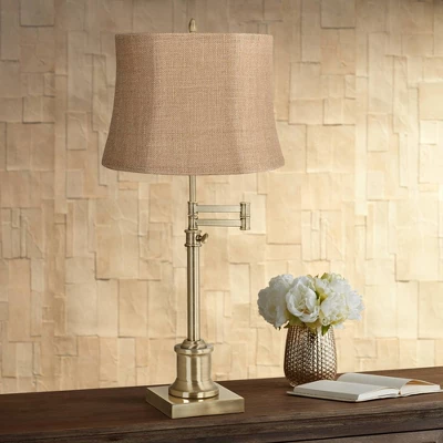 360 Lighting Traditional Swing Arm Desk Table Lamp Adjustable Height 36" Tall Antique Brass Natural Burlap Fabric Drum Shade Living Room 1 360 Lighting Traditional Swing Arm Desk Table Lamp Adjustable Height 36" Tall Antique Brass Natural Burlap Fabric Drum Shade Living Room