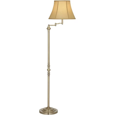 Regency Hill Montebello Vintage Retro Floor Lamp 60" Tall Antique Brass Metal Swing Arm Soft Tan Bell Shade For Living Room Bedroom Office House Home 5 Regency Hill Montebello Vintage Retro Floor Lamp 60" Tall Antique Brass Metal Swing Arm Soft Tan Bell Shade For Living Room Bedroom Office House Home - Image 5