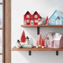 12pc Battery Operated Glittered Paper Christmas Village Set With Bottle Brush Trees And Snowmen - Wondershop™ White/Pink/Blue