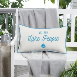 Sunbrella Indoor/Outdoor We Are Lake People Embroidered Lumbar Throw Pillow White/Blue - Sorra Home -Adesso Store GUEST 24bdd768 b6fa 4cff bc0f b7d36ca80ceb