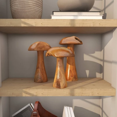 Set Of 3 Teak Wood Mushroom Handmade Live Edge Sculpture With Natural Smooth Finish Brown - Olivia & May 12 Set Of 3 Teak Wood Mushroom Handmade Live Edge Sculpture With Natural Smooth Finish Brown - Olivia & May - Image 12