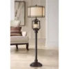 Barnes And Ivy Henson Industrial Floor Lamp 63" Tall Bronze With LED Nightlight Earthy Fabric Drum Shade For Living Room Bedroom Office House Home