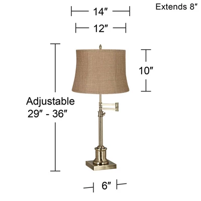 360 Lighting Traditional Swing Arm Desk Table Lamp Adjustable Height 36" Tall Antique Brass Natural Burlap Fabric Drum Shade Living Room 2 360 Lighting Traditional Swing Arm Desk Table Lamp Adjustable Height 36" Tall Antique Brass Natural Burlap Fabric Drum Shade Living Room - Image 2
