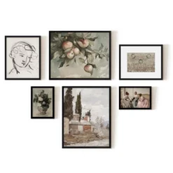 Americanflat 6 Piece Vintage Gallery Wall Art Set - Chickadee, Apple Tree Watercolor, Portrait Sketch, Afghan Rug By Maple + Oak -Adesso Store GUEST 492ae3fe 984e 4fa6 a00a b6b099d0a06f