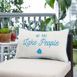 Sunbrella Indoor/Outdoor We Are Lake People Embroidered Lumbar Throw Pillow White/Blue - Sorra Home -Adesso Store GUEST 62a5ff0e d2ee 4c8c a35d 3930c5aaaf7c