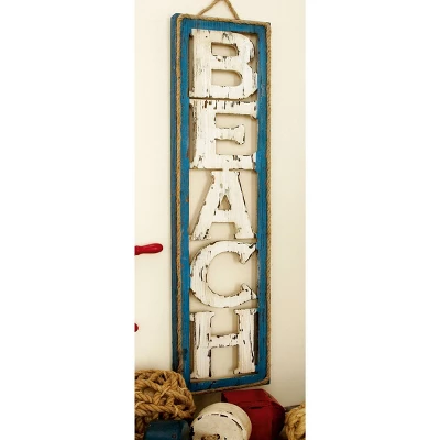 Wooden Sign Beach Wall Decor With Rope Hanger Beige - Olivia & May 2 Wooden Sign Beach Wall Decor With Rope Hanger Beige - Olivia & May - Image 2