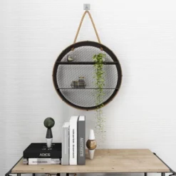 Metal Round 2 Shelf Wall Shelf With Hanging Rope Black - Olivia & May -Adesso Store GUEST 7121b1a4 654c 4177 a3bb 14fb6deb5e7a