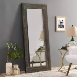 Rossum 58"x24" Rustic Wood Framed Floor Mirror, Farmehouse Decorative Wall Mirror, Vertical And Horizontal Wall Mounted Mirror- The Pop Home