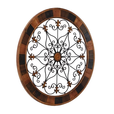 Wood Scroll Arabesque Wall Decor With Metal Fleur De Lis Relief Brown - Olivia & May 6 Wood Scroll Arabesque Wall Decor With Metal Fleur De Lis Relief Brown - Olivia & May - Image 6