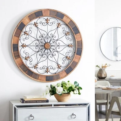 Wood Scroll Arabesque Wall Decor With Metal Fleur De Lis Relief Brown - Olivia & May 1 Wood Scroll Arabesque Wall Decor With Metal Fleur De Lis Relief Brown - Olivia & May