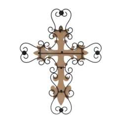 Wood Biblical Carved Cross Wall Decor With Metal Scrollwork - Olivia & May -Adesso Store GUEST 8443404e 454f 47ec bd1a b8777d2281e2