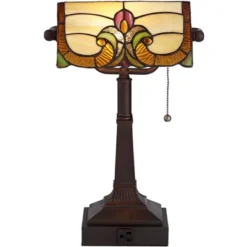 Robert Louis Tiffany Traditional Piano Banker Desk Table Lamp 17" High With AC Power Outlet Bronze Floral Art Glass Bedroom Office -Adesso Store GUEST 8778d4d3 e9e6 4801 bb88 81da07d8e1ad