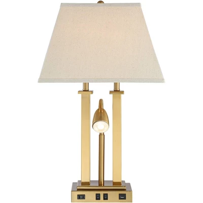 Possini Euro Design Deacon Modern Desk Table Lamp 26" High Brass With USB And AC Power Outlet In Base LED Reading Light Oatmeal Shade For Office Desk 6 Possini Euro Design Deacon Modern Desk Table Lamp 26" High Brass With USB And AC Power Outlet In Base LED Reading Light Oatmeal Shade For Office Desk - Image 6