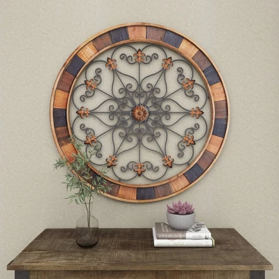 Wood Scroll Arabesque Wall Decor With Metal Fleur De Lis Relief Brown - Olivia & May 11 Wood Scroll Arabesque Wall Decor With Metal Fleur De Lis Relief Brown - Olivia & May - Image 11