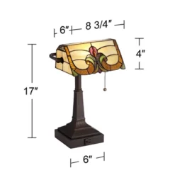 Robert Louis Tiffany Traditional Piano Banker Desk Table Lamp 17" High With AC Power Outlet Bronze Floral Art Glass Bedroom Office -Adesso Store GUEST 99b8f395 d028 4b52 98be e0a78881b3a5