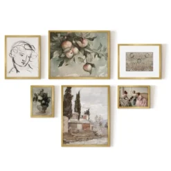 Americanflat 6 Piece Vintage Gallery Wall Art Set - Chickadee, Apple Tree Watercolor, Portrait Sketch, Afghan Rug By Maple + Oak -Adesso Store GUEST a0f6dde2 c538 42e9 ab61 37f6f09cb7b5