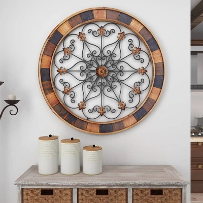 Wood Scroll Arabesque Wall Decor With Metal Fleur De Lis Relief Brown - Olivia & May 8 Wood Scroll Arabesque Wall Decor With Metal Fleur De Lis Relief Brown - Olivia & May - Image 8