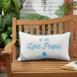 Sunbrella Indoor/Outdoor We Are Lake People Embroidered Lumbar Throw Pillow White/Blue - Sorra Home