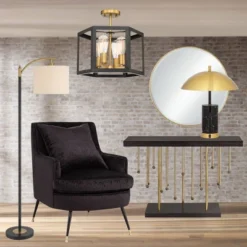 360 Lighting Rayna Mid Century Modern Downbridge Floor Lamp 61 1/2" Tall Black Gold Metal Off White Linen Drum Shade For Living Room Reading Bedroom -Adesso Store GUEST b2cb1bba 72d8 4838 bb74 d79e6f3f5c32