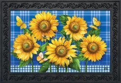 Briarwood Lane Blue Sunflowers Summer Doormat Plaid Floral Indoor Outdoor 30" X 18"