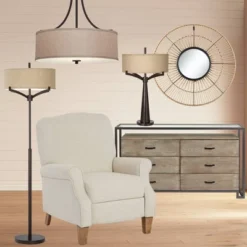 Franklin Iron Works Oil Rubbed Bronze Pendant Chandelier 19 1/2" Wide Farmhouse Rustic Oatmeal Linen Drum Shade Fixture For Dining Room Kitchen Island -Adesso Store GUEST d03e8d9f 3cd2 455a 85e2 557df604c5da