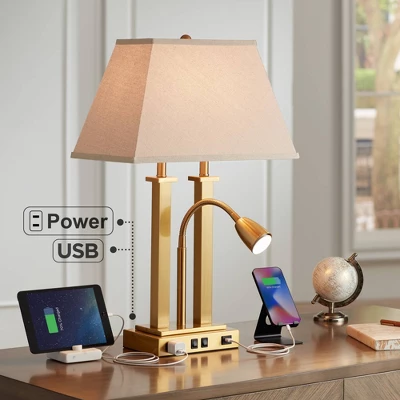 Possini Euro Design Deacon Modern Desk Table Lamp 26" High Brass With USB And AC Power Outlet In Base LED Reading Light Oatmeal Shade For Office Desk 1 Possini Euro Design Deacon Modern Desk Table Lamp 26" High Brass With USB And AC Power Outlet In Base LED Reading Light Oatmeal Shade For Office Desk