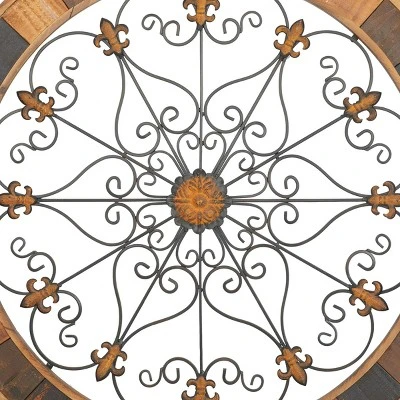 Wood Scroll Arabesque Wall Decor With Metal Fleur De Lis Relief Brown - Olivia & May 4 Wood Scroll Arabesque Wall Decor With Metal Fleur De Lis Relief Brown - Olivia & May - Image 4