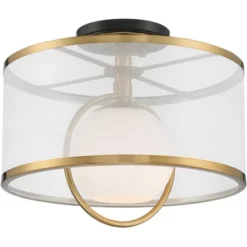Possini Euro Design Carlyn Modern Art Deco Ceiling Light Semi Flush Mount Fixture 14" Wide Warm Brass Black Orb Organza Drum Shade For Bedroom Kitchen -Adesso Store GUEST e6269b9b 9176 4435 9395 c5ba601a29d1