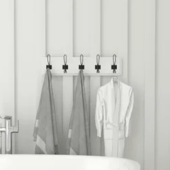 Flash Furniture Daly Wall Mounted 24 Inch Solid White Solid Pine Wood Storage Rack With 5 Hooks For Entryway, Kitchen, Bathroom -Adesso Store GUEST ecd094fe 3fa1 4898 9f07 d0dad466dd6e