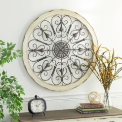 Wood Distressed Scroll Window Inspired Wall Decor With Metal Scrollwork Relief White - Olivia & May