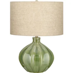 360 Lighting Gordy Modern Accent Table Lamp Handcrafted 20 1/2" High Ribbed Green Ceramic Oatmeal Fabric Drum Shade For Bedroom Living Room Bedside -Adesso Store GUEST f539eafe 195b 44c5 b549 350aebf22147
