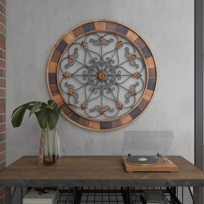 Wood Scroll Arabesque Wall Decor With Metal Fleur De Lis Relief Brown - Olivia & May 12 Wood Scroll Arabesque Wall Decor With Metal Fleur De Lis Relief Brown - Olivia & May - Image 12