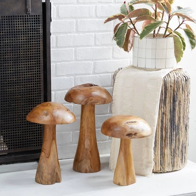 Set Of 3 Teak Wood Mushroom Handmade Live Edge Sculpture With Natural Smooth Finish Brown - Olivia & May 1 Set Of 3 Teak Wood Mushroom Handmade Live Edge Sculpture With Natural Smooth Finish Brown - Olivia & May