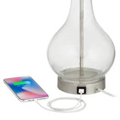 360 Lighting Modern Accent Table Lamps 21.75" High Set Of 2 With USB Charging Port Clear Glass Blue Drum Shade For Living Room Desk Bedroom Office -Adesso Store GUEST f6595bd8 793b 43e3 bb52 bb51684af625