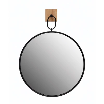 Round Metal Framed Wall Mirror With Wood/Metal Bracket Black - Storied Home 1 Round Metal Framed Wall Mirror With Wood/Metal Bracket Black - Storied Home