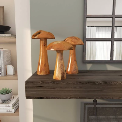Set Of 3 Teak Wood Mushroom Handmade Live Edge Sculpture With Natural Smooth Finish Brown - Olivia & May 2 Set Of 3 Teak Wood Mushroom Handmade Live Edge Sculpture With Natural Smooth Finish Brown - Olivia & May - Image 2