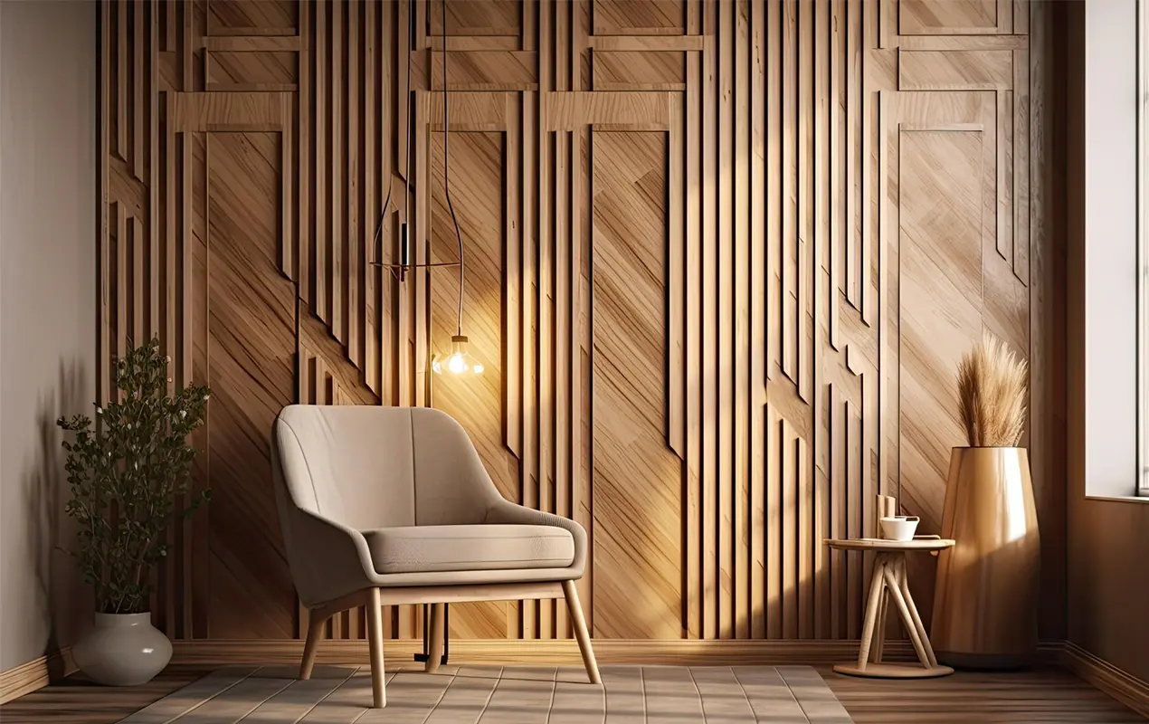 Adesso Store -Adesso Store mock up empty modern room interior with wooden decorative panel wall wooden chair covered blanket